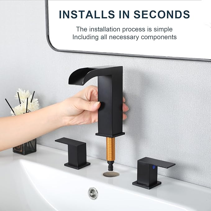 VCCUCINE Black Bathroom Faucet 3 Hole, 8 Inch Widespread Square Waterfall Bathroom Sink Faucet,Matte Black Vanity Bathroom Faucets for Vanity, Restroom, Commercial with Pop Up Drain and Supply Lines