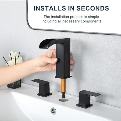 VCCUCINE Black Bathroom Faucet 3 Hole, 8 Inch Widespread Square Waterfall Bathroom Sink Faucet,Matte Black Vanity Bathroom Faucets for Vanity, Restroom, Commercial with Pop Up Drain and Supply Lines