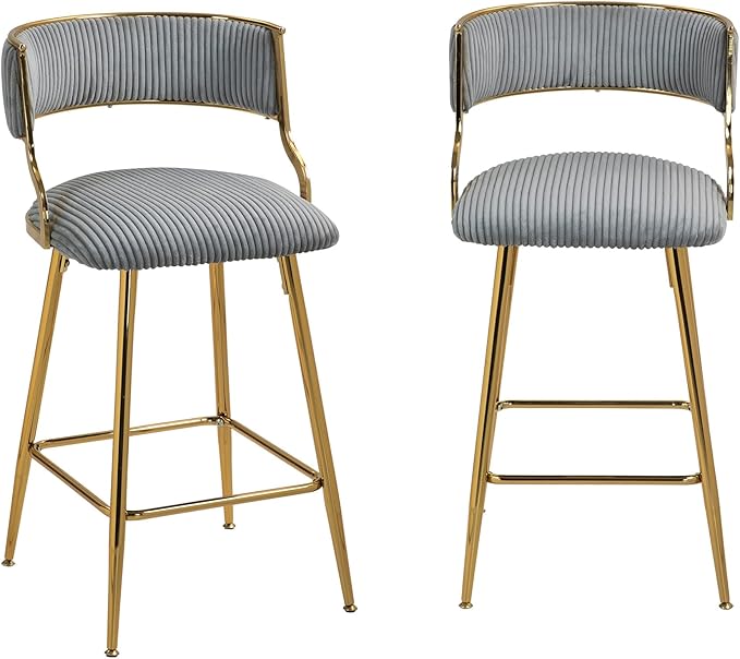 2-Pack Grey Corduroy Counter Height Bar Stools with Back, Golden Chrome Base and Footrest, Modern Kitchen Island Stools Set of 2, Upholstered Dining Stools for Home, Office, Cafe