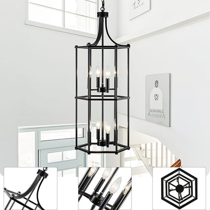 Foyer Chandeliers for High Ceilings 8-Light Black Chandelier for Entryway Lantern Tiered Pendant Light Fixtures Hanging Modern Farmhouse Chandeliers for Staircase Hallway Kitchen Living Room