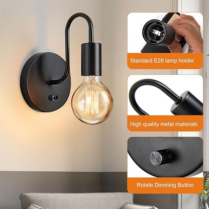 Vintage Dimmble Wall Lights Set of Two, Black Wall Sconces E26 Industrial Wall Lamps Retro Wall Lighting Hard Wired Sconces Lighting for Mirror Bedroom Living Room Kitchen Hallway