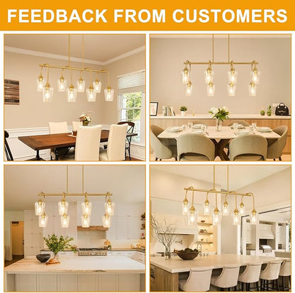 38" Dining Room Light Fixture/Chandelier Over Table, 8-Light Brushed Gold Kitchen Island Lighting with Clear Glass Shade, Modern Hanging Pendant Lights Fixture for Kitchen Island, Dining Room, Bar