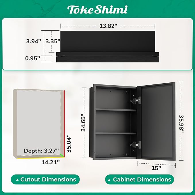 TokeShimi 15 x 36 Bathroom Medicine Cabinet Mirrored Beveled, Recessed Medicine Cabinet with Mirror for Wall, Aluminum Framed Metal Black Mirror with Storage Adjustable