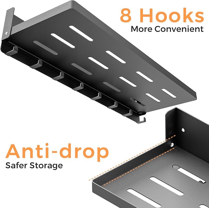 Folding Metal Shelf with Hooks, Wall Mounted Laundry Room Shelf, 8 Hooks & 90° Fold Up, Fold-Down for Rv, Bathroom, Kitchen, Garage, Space Saving, Small Space, Black（17.0", 1 Pack）