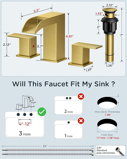 FORIOUS Square Brushed Gold Bathroom Faucets 3 Hole, Waterfall 8 Inch Widespread Bathroom Sink Faucet with Metal Pop-up Drain and Supply Lines, Two Handles for Vanity, Lavatory, Restroom