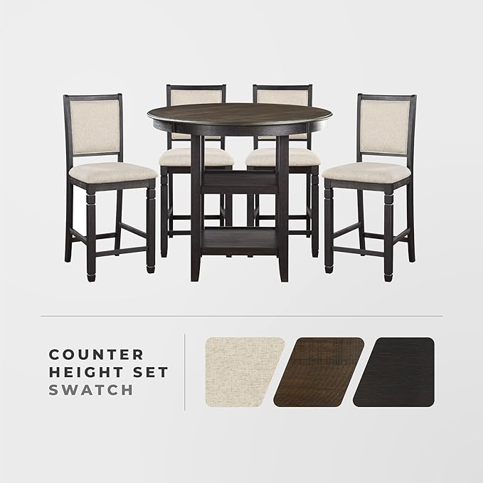 Lexicon Braun 5 Piece Counter Height Dining Table Set, Counter Height Dining Room Set for 4, Including 1 Round Kitchen Table and 4 Beige Fabric Upholstered Chairs, Brown/Black