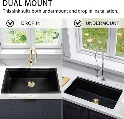 Black Undermount Kitchen Sink 25 Inch - Drop In Granite Quartz Composite Workstation Sink - Deep Single Bowl,Dual Mount,with Accessories（Black, 25.59" X 17.72")