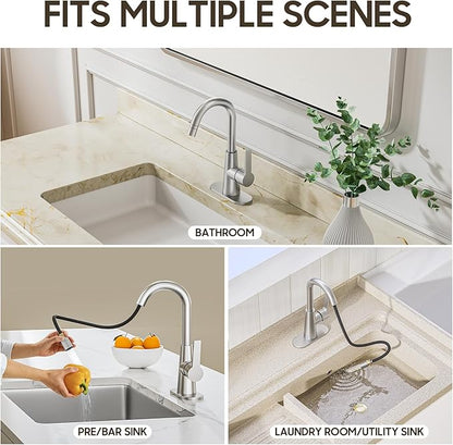 Phiestina Tall Bathroom Faucets with Pull Down Sprayer, Brushed Nickel High Arc Single Handle Pull Out Faucet, 1 or 3 Hole Utility Sink Laundry Bar Faucet Pull Out with Deck Plate WE10CL-ZY-BN