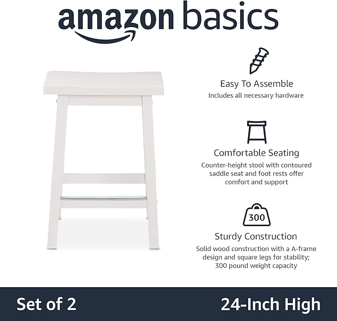 Basics Solid Wood Saddle-Seat Counter Height Bar Stools for Kitchen Island with Footrest, Sturdy Construction, 24-Inch Height, White, Set of 2
