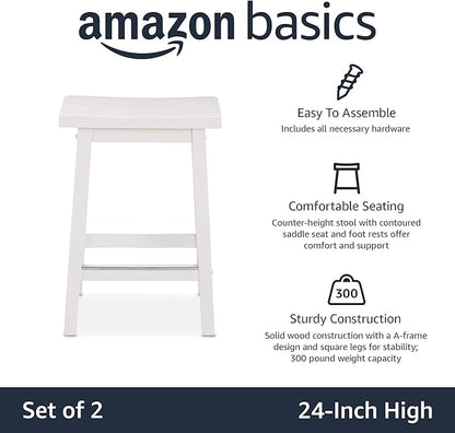 Basics Solid Wood Saddle-Seat Counter Height Bar Stools for Kitchen Island with Footrest, Sturdy Construction, 24-Inch Height, White, Set of 2