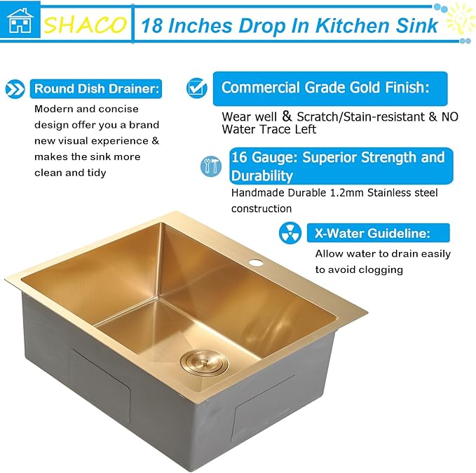 SHACO 18x18 Inch Gold Bar Sink, 18 Inch Drop In Gold Small Kitchen RV Laundry Utility Sink, Top Mount 16 Gauge Stainless Steel Single Bowl