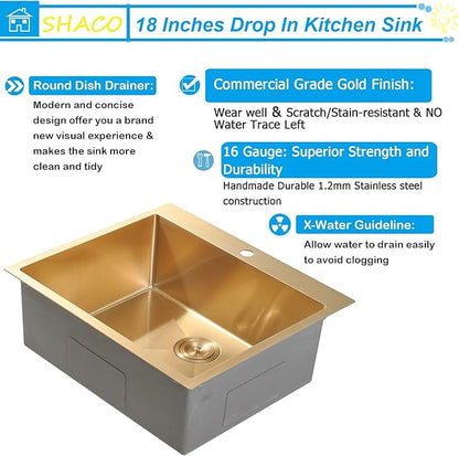 SHACO 18x18 Inch Gold Bar Sink, 18 Inch Drop In Gold Small Kitchen RV Laundry Utility Sink, Top Mount 16 Gauge Stainless Steel Single Bowl