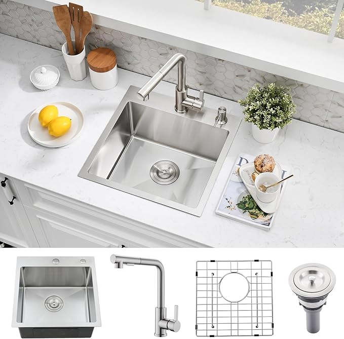 15×15 Inch Drop-In Stainless Steel Bar Sink with Faucet Combo - Top Mount Single Bowl, Small Kitchen Sink for Bar Prep, RV, and Compact Spaces