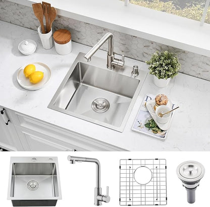 15×15 Inch Drop-In Stainless Steel Bar Sink with Faucet Combo - Top Mount Single Bowl, Small Kitchen Sink for Bar Prep, RV, and Compact Spaces