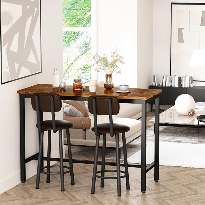 AWQM Bar Table Set of 2, Industrial Bar Table and Chairs Set of 2,3 Piece Bar Height Table with 2 Backrests Stools,Small Kitchen Table for 2,Small Space,Brown & Black
