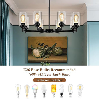 Sucolite 33.5'' 8-Light Chandelier for Dining Room Kitchen Island, Modern Farmhouse Pendant Lighting with Glass Shades Industrial Black Hanging Ceiling Light Fixture for Living Room, Height Adjustable