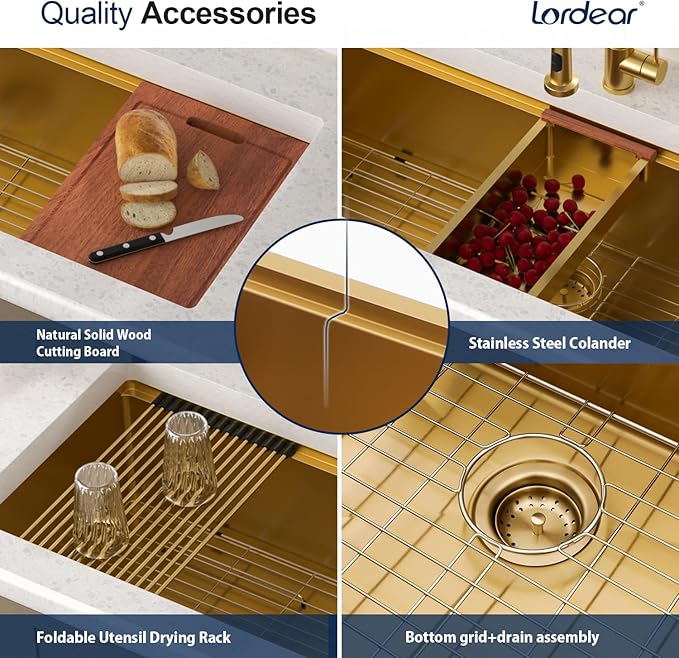 Lordear Luxury 45 Inch Gold Undermount Kitchen Sink Large Ledge Workstation T304 16 Gauge Stainless Steel Single Bowl Under Counter Gold Kitchen Sink with Built-in Accessories 45''x19''x10''