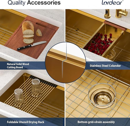 Lordear Luxury 45 Inch Gold Undermount Kitchen Sink Large Ledge Workstation T304 16 Gauge Stainless Steel Single Bowl Under Counter Gold Kitchen Sink with Built-in Accessories 45''x19''x10''