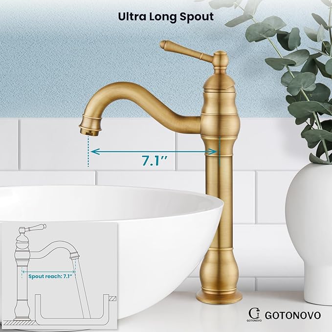 gotonovo Vessel Sink Faucet 360° Swivel Spout Single Handle Tall Bathroom Faucet 1 Hole Farmhouse Lavatory Washbasin Mixer Tap Matching Supply Hoses, Without Pop Up Drain, Antique Brass