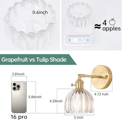 Shenmoyl Vintage Wall Sconces Set of 2 with Transparent Tulip Glass Lampshade 180 Degree Adjustable Brass Sconces Hradwired Modern Wall Lighting Fixture with Switch for Bedside Bedroom Doorway
