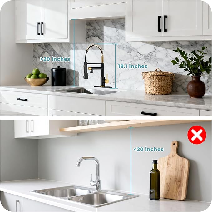 LED Kitchen Faucet with Pull Down Sprayer - Black & Brushed Gold Single Handle Commercial Kitchen Faucets, 2-Spout Kitchen Sink Faucet, Stainless Steel Spring Pull Out Sink Faucet 1/3 Hole