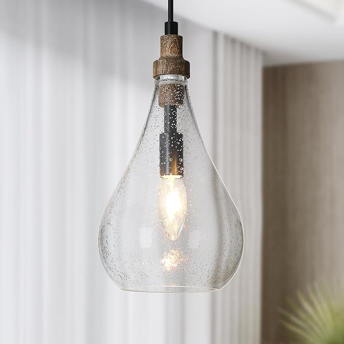 LALUZ Pendant Light Kitchen Island, 1-Light Farmhouse Kitchen Island Lights Rustic Teardrop Adjustable Hanging Pendant Light Fixtures with Seeded Glass Shade
