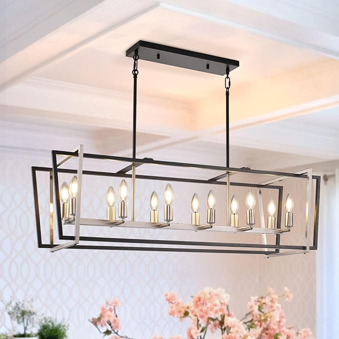 WJShome Dining Room Light Fixture/Chandelier Over Table, 12-Light Kitchen Island Lighting, 40" Hanging for Farmhouse Linear Chandeliers Modern Black and Brushed Nickel Ceiling Pendant Light Fixtures
