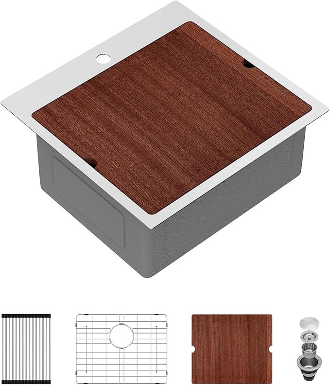 Sarlai Drop In Kitchen Sink - 21x20 Drop In Kitchen Sink Ledge Workstation 16 Gauge Stainless Steel Topmount Deep Single Bowl Over Counter Sinks Basin Round Corners