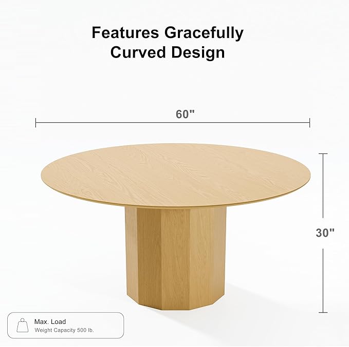 Casaphoria 60" Round Dining Table, Modern Wood Kitchen Table with Cylinder Polygonal Base for Living Room & Dining Room, Easy Assembly Farmhouse Furniture for 4-6, Oak