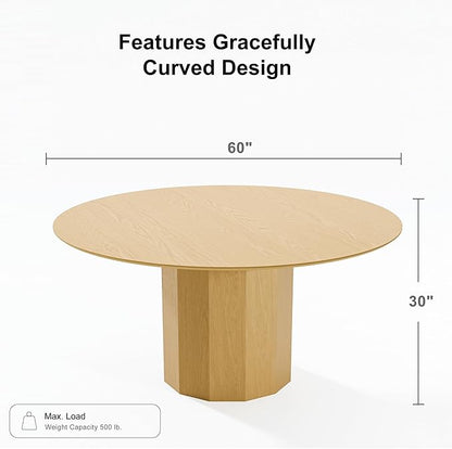 Casaphoria 60" Round Dining Table, Modern Wood Kitchen Table with Cylinder Polygonal Base for Living Room & Dining Room, Easy Assembly Farmhouse Furniture for 4-6, Oak