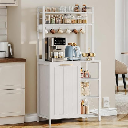 YITAHOME White 6-Tier Pantry Cabinet with Storage, Trash Can Bin & Power Outlets, Large Freestanding Microwave Table for Coffee Bar, Kitchen & Dining Room, Bakers Rack with Charging Station