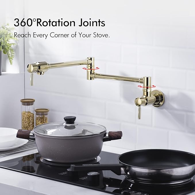 BAGNOLUX Pot Filler, Wall Mount Commercial Pot Filler Faucet Over Stove, Copper Material Brass Kitchen Faucet Folding with Stretchable Double Joint Swing Arm 23.4 inch, Polished Gold-PVD