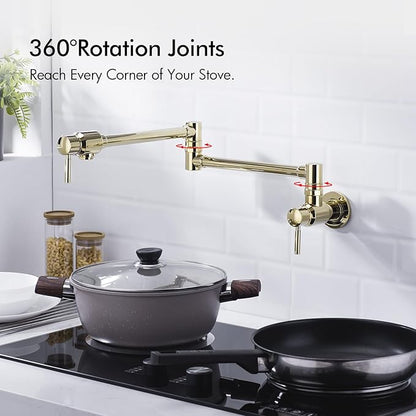 BAGNOLUX Pot Filler, Wall Mount Commercial Pot Filler Faucet Over Stove, Copper Material Brass Kitchen Faucet Folding with Stretchable Double Joint Swing Arm 23.4 inch, Polished Gold-PVD