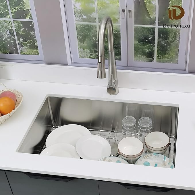 28 Inch Undermount Kitchen Sink, Delironexu 16 Gauge 304 Stainless Steel Kitchen Sink, 28" x 18" Single Bowl Undermount Sink with 4 Accessories: Bottom Grid, Roll-Up Rack, Drain & Towel