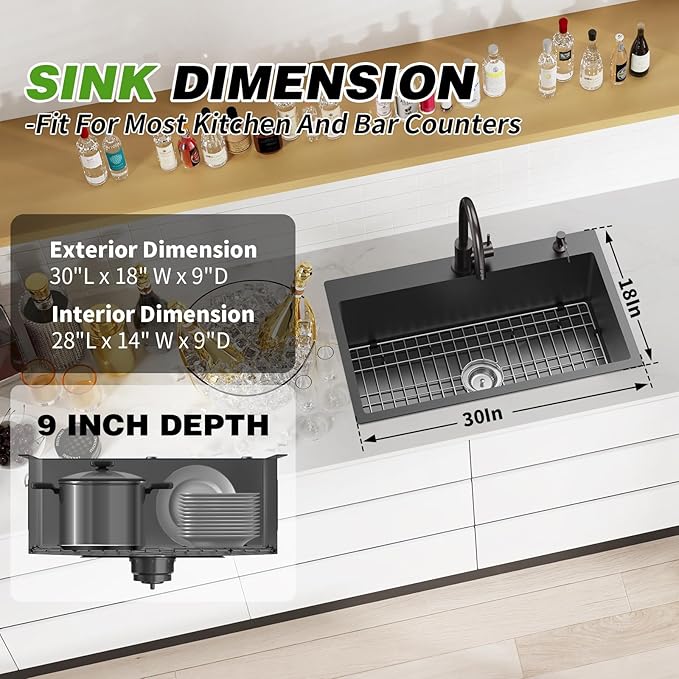 Black Kitchen Sink, 30x18 Inch Stainless Steel Drop In Modern Single Bowl Topmount Kitchen Sink Combo-SS Grid,Silicon Mat,Drain Strainer Set Compatibility With Various Kitchen&Bar Style