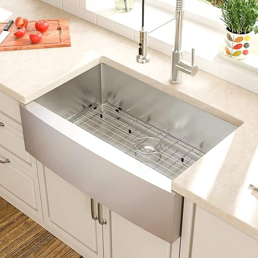 Lordear 33 Inch Farmhouse Kitchen Sink Apron Front 16 Gauge Stainless Steel Single bowl Farmer Sink Single Basin Round Corners 33X21X10 Farm Sinks