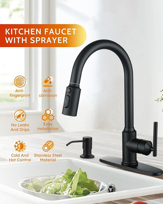 WOWOW Kitchen Faucet with Pull Down Sprayer, Matte Black Kitchen Faucet with Sprayer, Stainless Steel High Arc Single Handle Pull Down 3 Hole Black Bar Sink Faucet Kitchen for Rv Sink Faucets Kitchen