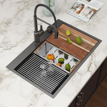 33x22 Black Drop In Kitchen Sink Workstation 16 Gauge Stainless Steel Single Bowl Drop Kitchen Sinks Nano PVD Gunmetal Black Handmade Large Deep Topmount Sinks, 33x22x9 Inch