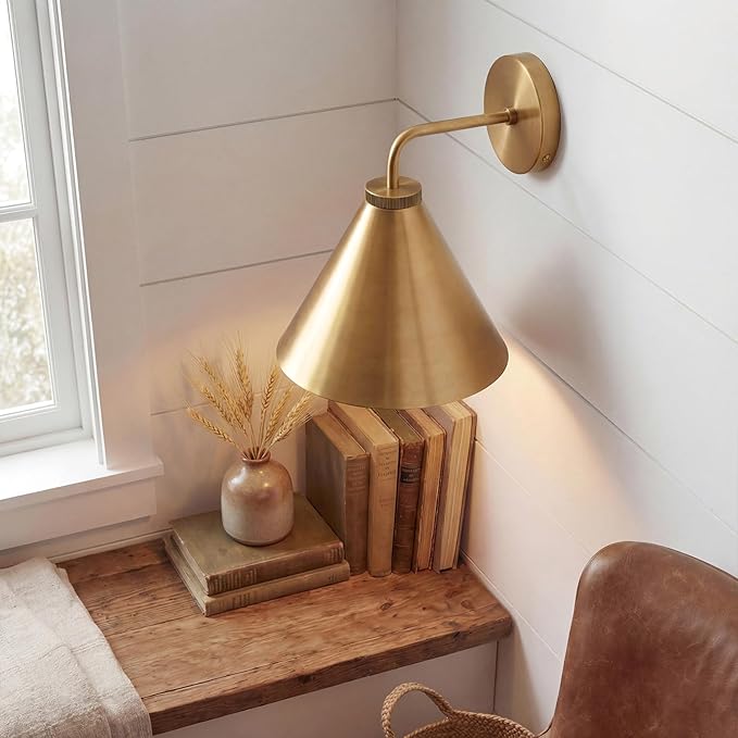 Retro Industrial Metal Cone Sconce Light - Vintage Inspired Modern Brass Wall Sconce with Metal Shade, Wall Mount Lighting for Bedroom, Hallway, Living Room (10.5“Dia x 12.5" H Brass)