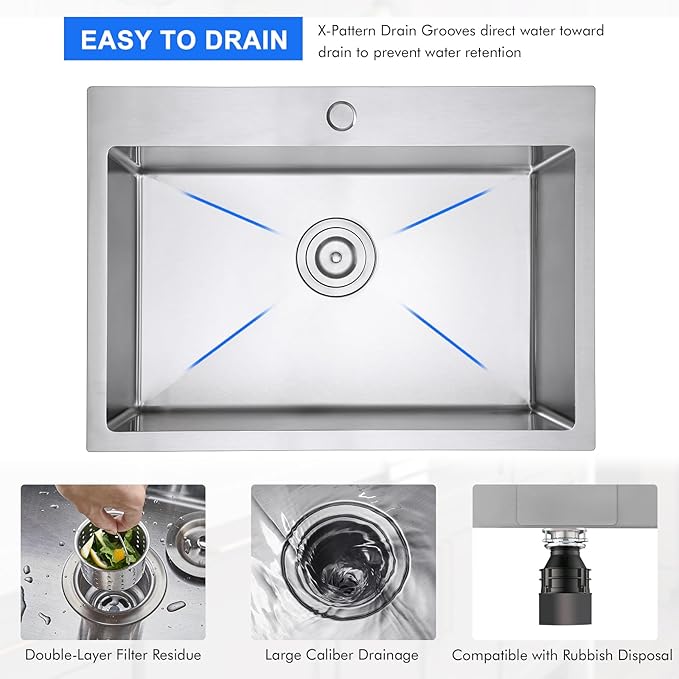 MENATT 24x18 Inch Drop in Kitchen Sink, 304 Stainless Steel Single Bowl with Bottom Grid Mat & X-Shape Drain, 9" Deep Compact Sink for Small Kitchen, Apartment, Wet Bar, Office Pantry, Laundry Room