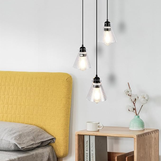 Black Kitchen Island Lighting, 3-Light Farmhouse Pendant Light with Clear Seeded Glass Shades, Adjustable Dining Room Light Fixture, E26 Dimmable Hanging Chandelier for Entryway Hallway