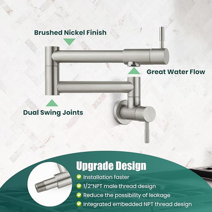 Heyalan Pot Filler 19 Inch Wall Mount Folding Stretchable Kitchen Restaurant Faucet Stainless Steel Pot Filler Double Joint Swing Arm Two Handles Commercial NPT,Straight Handle,Brushed Nickel