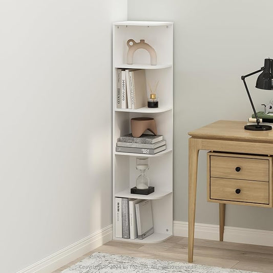 Furinno Reed Corner Shelf, 5-Tier Corner Bookshelf, Book Shelf, Corner Shelves, Storage Rack, for Organization and Storage, Home Office, Living Room, White