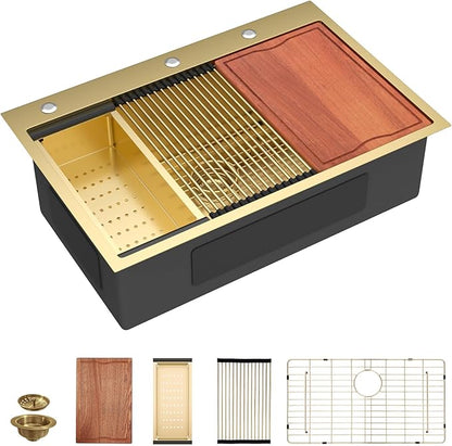 Dcolora 36 In. Gold Drop In Kitchen Sink, Workstation with Valued Accessories, Heavy Duty 16 Gauge 304 Stainless Steel Luxury Gold Nano-PVD, 36"x22"x10" Large Single Bowl #DC-T2533012GW