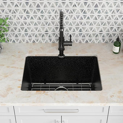 Kichae 24 Granite Composite Laundry Sink - 24"x18" Granite Laundry Utility Sink Undermount Black Quartz Under Counter Single Bowl Sink Basin