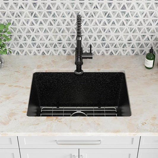 Kichae 24 Granite Composite Laundry Sink - 24"x18" Granite Laundry Utility Sink Undermount Black Quartz Under Counter Single Bowl Sink Basin