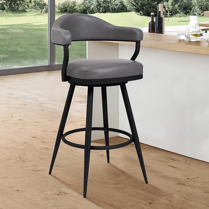 Armen Living Justin Modern Farmhouse 26" Seat Height Swivel Vintage Gray Faux Leather Bar Stool with Black Metal Legs for Kitchen Island Counter