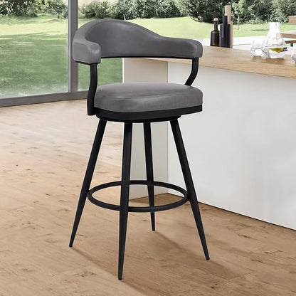 Armen Living Justin Modern Farmhouse 26" Seat Height Swivel Vintage Gray Faux Leather Bar Stool with Black Metal Legs for Kitchen Island Counter