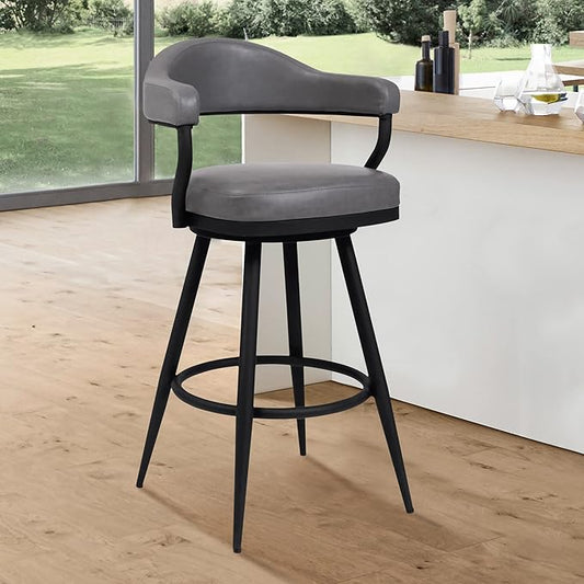 Armen Living Justin Modern Farmhouse 26" Seat Height Swivel Vintage Gray Faux Leather Bar Stool with Black Metal Legs for Kitchen Island Counter