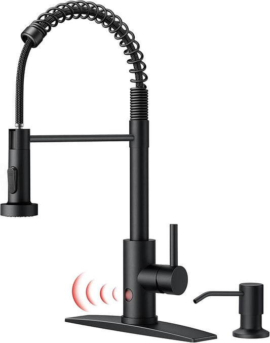 FORIOUS Black Touchless Kitchen Faucet with Soap Dispenser, Motion Sensor Activated Smart Sink Faucet with Pull Down Sprayer Single Handle Hands Free Contemporary for Bar & Prep Sinks, Camper RV